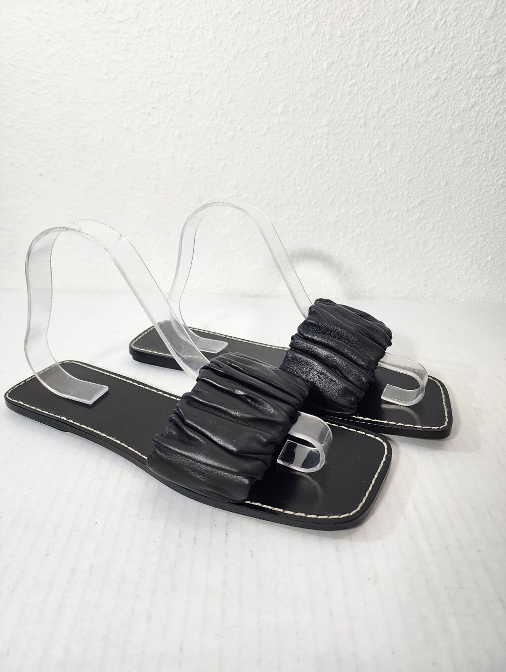 STAUD Women Ruched Leather Slide Sandals Black Square Toe EU 39 US 9